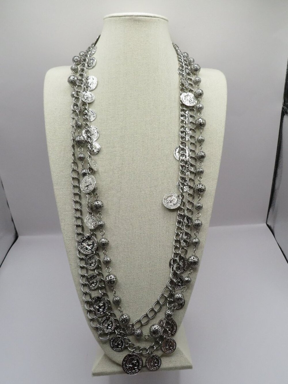Vintage Graziano Triple Strand Coin Accent Silver Tone Chain Necklace